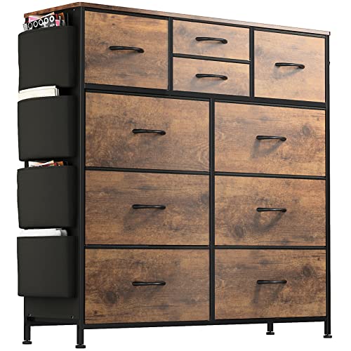 Lulive Dresser for Bedroom with 10 Drawers, Chest of Drawers with Side Pockets and Hooks, Fabric Storage Organizer Unit for Living Room, Hallway, Closet (Rustic Brown) - Rustic Brown