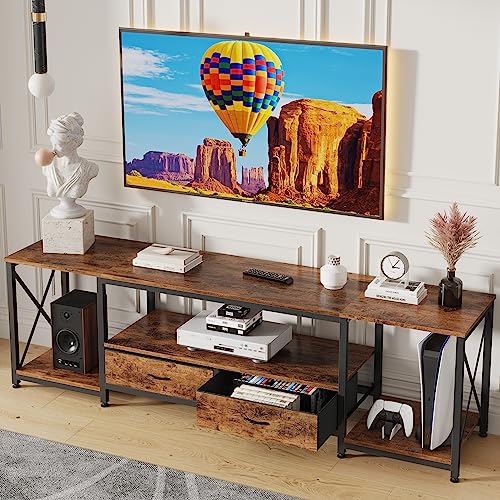 GYIIYUO TV Stand with Fabric Drawers for 75 80 Inches TV - Entertainment Center and Industrial TV Console Table with Open Storage Shelves for Living Room, Bedroom- 71.5" Rustic Brown - 71 in - Rustic Brown