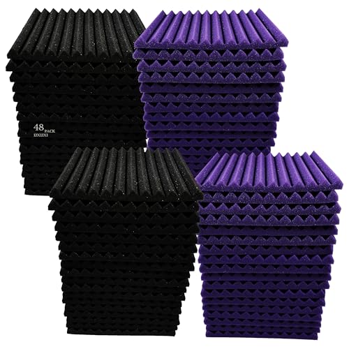 48 Pack purple BLACK 1" x 12" x 12" Acoustic Wedge Studio Foam Sound Absorption Wall Panels - Purple/Black