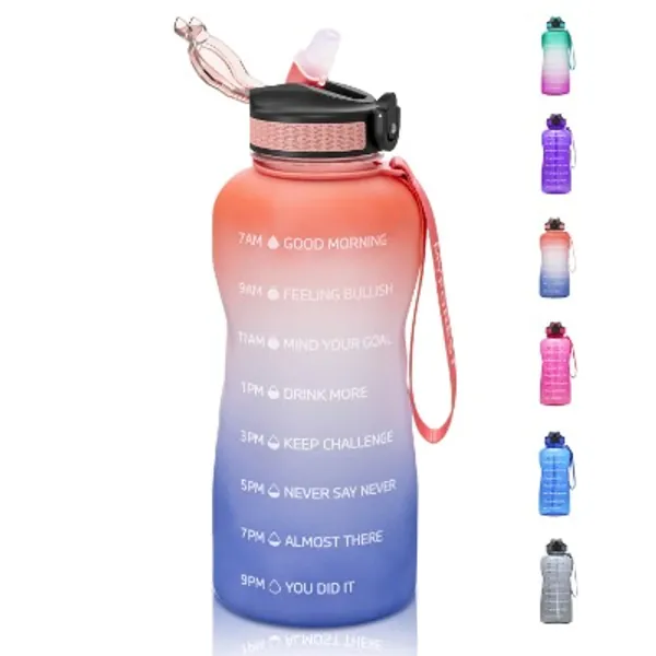 MYFOREST 2.2Litre Water Bottle with Straw & Leakproof Flip Top Lid, 2.2L BPA Free Water Jug with Time Marker, 2200ml Motivating Sports Drinking Bottle for Cycling and Running PINK BLUE
