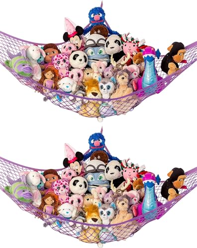Lilly's Love Stuffed Animal Storage Net Hammock, Nursery Hanging Organizer - Jumbo Extra Large "STUFFIE Party Hammock" | Organize the Chaos | Holds 50% More Stuffies | 63" x 63" x 79" - Purple, 2 Pack - Party Purple - Jumbo 50% More Space