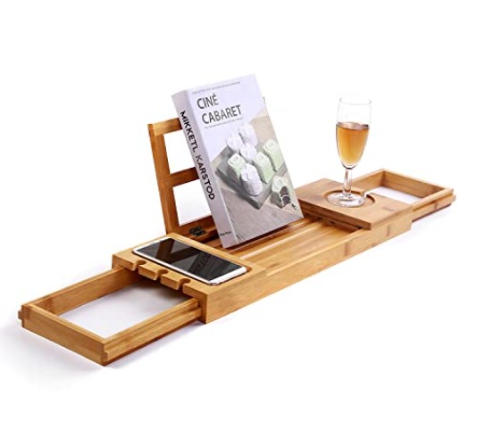 Utoplike Bathtub Caddy Tray, Bamboo Bath tub Tray with Adjustable Arms, Bath Table Holds, Bthtub Trays, Bathroom Trays for Books/Tablets/Cell Phone/Towels/Foods (Natural Bamboo) - Natural