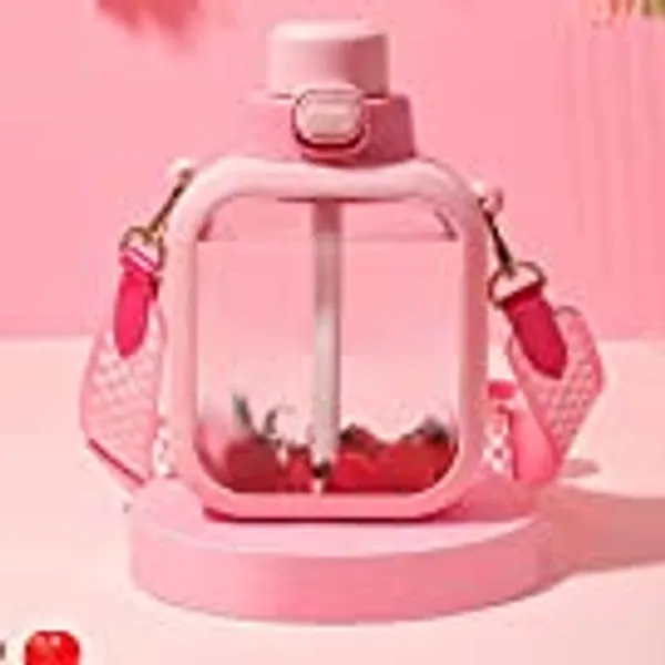 NUFR 24 Oz Square Transparent Water Bottle, Cute Portable Travel Canteen with Adjustable Strap 700ml (Pink)