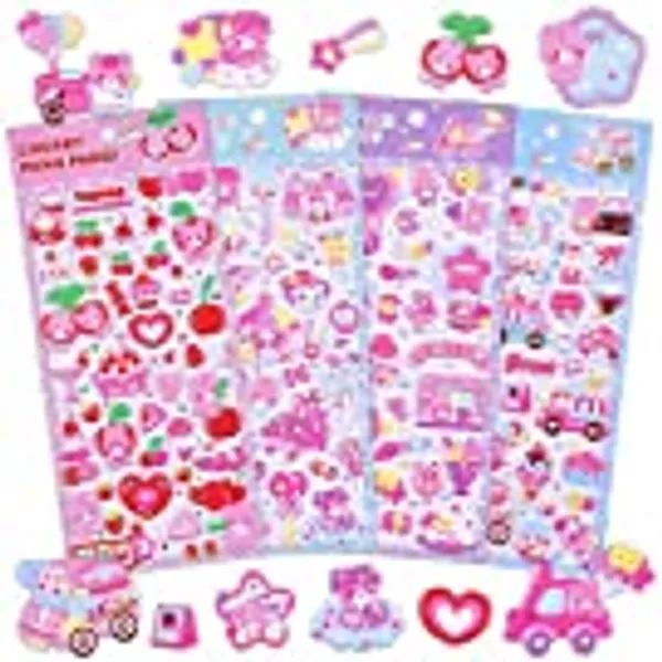 Kids Stickers 4 Different Sheets, 3D Puffy Sticker for Kids Girls, Bulk Scrapbooking, Foam Animal Bear Heart Stickers for Girls Valentine's Day Gift, Birthday Gift, Party Supplies, Reward