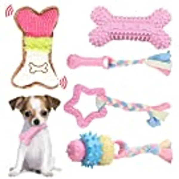 UETZLTB 5 Pack Puppy Chew Toys for Teething Small Dogs Pink Durable Natural Rubber Interactive Puppy Teething Toys with Rope Cute Plush Squeaky Dog Toys