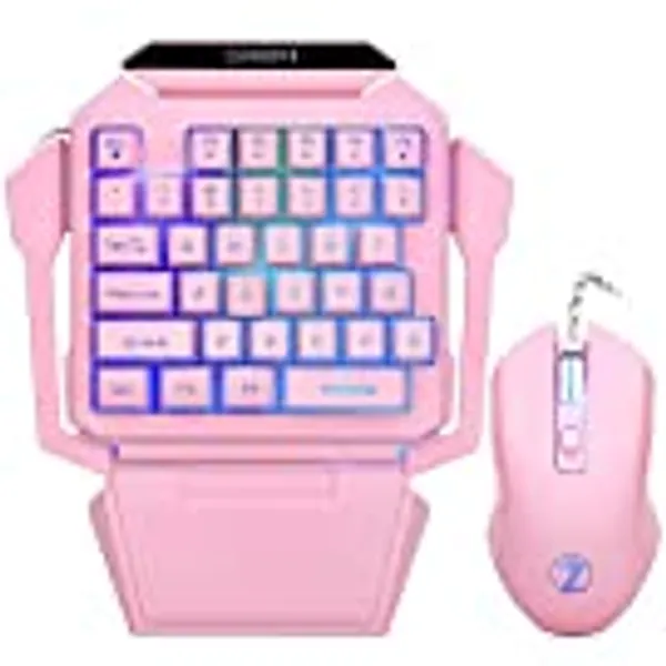 ZJFKSDYX One-Handed Gaming Keyboard and Mouse Combo, RGB Backlit 35-Key Mini Gaming Keyboard and 6D Gaming Mouse, Supports PC Gamers (Pink)