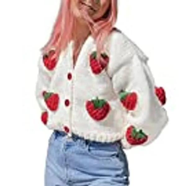 Women Button Down Sweater V Neck Cable Knit Crop Cardigan Cute Oversized Jumper Pullover Top Aesthetic Clothes