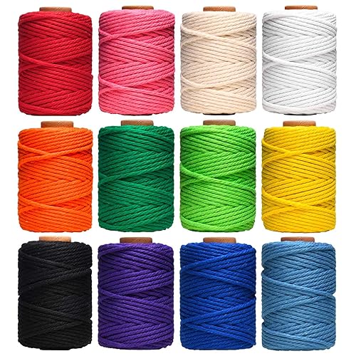 HULISEN Macrame Cord, 3mm x 396 Yards Natural Cotton Twine, 12 Rolls 4 Strand Colored Macrame String, Colorful Cotton Rope for DIY Crafts Knitting, Artworks, Wall Hanging, Plant Hangers - 3mm x 396 Yards