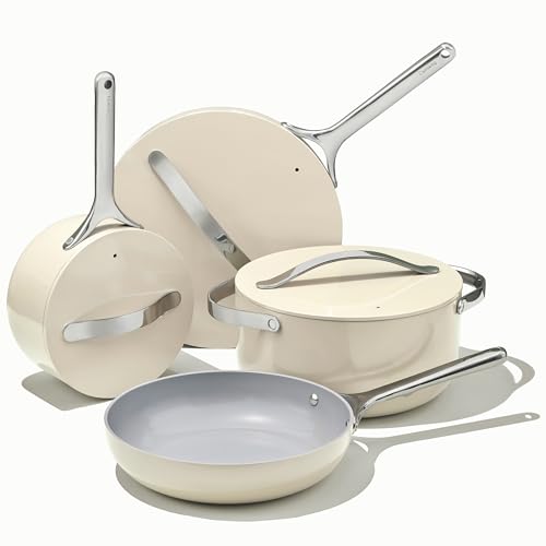Caraway Nonstick Ceramic Cookware Set (12 Piece) Pots, Pans, 3 Lids and Kitchen Storage - Non Toxic - Oven Safe & Compatible with All Stovetops - Cream - Cream