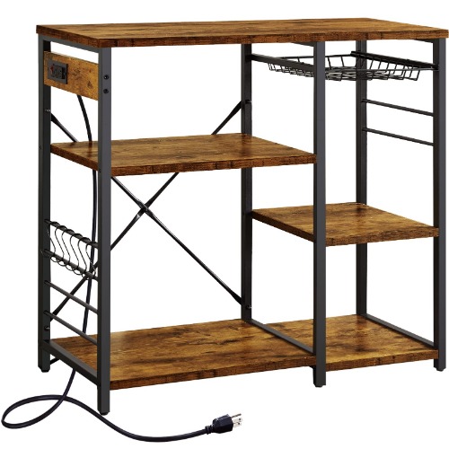 SUPERJARE Kitchen Bakers Rack with Power Outlet, Coffee Bar Table Station, Kitchen Microwave Stand with 6 S-Shaped Hooks, Wire Basket, Kitchen Storage Shelf Rack - Rustic Brown