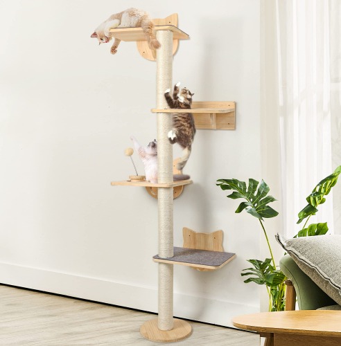 4 Tier 63 Inch Tall Wall Mounted Cat Furniture with 2pcs Non-Slip Carpet, Sisal Scratching Post and Cat Shelves Perch with Wood Track Toy Ball, Cat Climbing Tree Tower for Indoor Middle Large Kitten - #63inch
