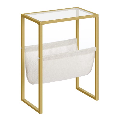 HOOBRO Narrow Side Table, Tempered Glass End Table with Fabric Magazine Sling, Small Coffee Accent Table, Bedside Table for Small Space, Bedroom, Living Room, Modern Style, Gold GD66BZ01 - Gold Tempered Glass