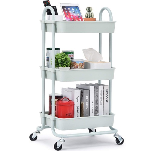 TOOLF Utility Rolling Cart with Lockable Wheels,Multi-Purpose Storage Organizer,Organizer Trolley with Handles,Serving Trolley with Mesh Basket for Home,Office,Kitchen,Bathroom (Pink) - Pink