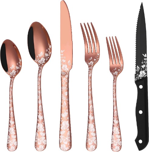 Stapava 24-Piece Copper Silverware Set with Steak Knives for 4, Unique Stainless Steel Rose Gold Flatware Cutlery Set, Mirror Polished, Dishwasher Safe Utensils - Shiny Rose Gold