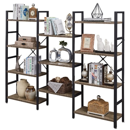 SUPERJARE Triple 5 Tier Bookshelf, Bookcase with 14 Open Display Shelves, Ladder Bookshelf, Wide Book Shelf Book Case with Steel Frame, Wood Board, for Home & Office, Vintage Brown - Vintage Brown 67.1 inch L x 12.2 inch W x 67.5 inch H
