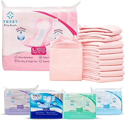 TREST Elite Briefs for Men and Women, Overnight Diapers for Incontinence, Elite Absorbency, Comfortable, Odor Neutralizing and Secure Fit with 2 Wide Tabs - Pink, Large (Pack of 10) - Pink - Large (Pack of 10)