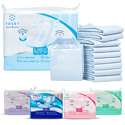TREST Elite Briefs for Men and Women, Overnight Diapers for Incontinence, Elite Absorbency, Comfortable, Odor Neutralizing and Secure Fit with 2 Wide Tabs - Blue, Large (Pack of 10) - Blue - Large (Pack of 10)
