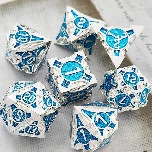 GIUADKXD DND Dice Set - Metal Polyhedron Dice Set Pointed Cool Dice for RPG Games Dungeons and Dragons Dice Warhammer MTG D&D Accessories D4 D6 D8 D10 D10% D12 D20 Dice（Silver and Blue）