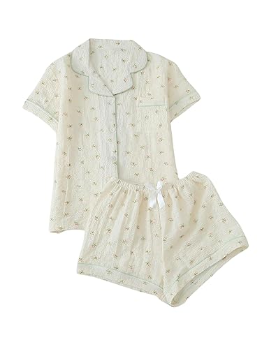 Verdusa Women's 2 Piece Pajama Set Matching Pjs Sets Cute Printed Sleepwear Button Up Shirt with Lounge Shorts Set - Medium - Floral Apricot
