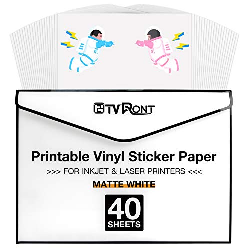 HTVRONT Printable Vinyl for Inkjet Printer & Laser Printer, 40 Pcs Sticker Paper for Printers a4, Waterproof & Dry Quickly Printable Vinyl Sticker Paper for HP, Epson and Other Printers - Matte - Matte White - 40 Sheets