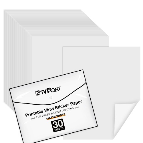 HTVRONT Printable Vinyl 30 Sheets Waterproof Printable Vinyl Sticker Paper Dries Quickly Matte White Size 8.5"x11" for Laser & Inkjet Printer