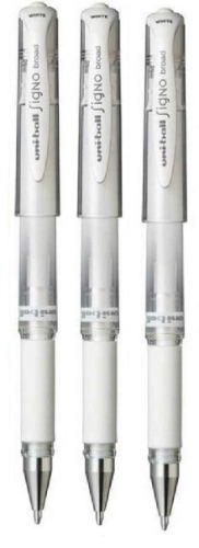 Uni Ball White Signo Pen Broad Metallic Gel Ink Rollerball Metal 1mm Tip Nib 0.65mm Line Width With Rubber Grip UM-153 (Pack Of 3)