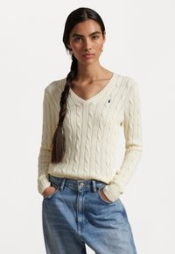 CABLE KNIT COTTON V NECK SWEATER - Strikkegenser - offwhite