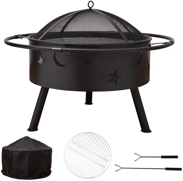 Outdoor Wood Burning Large Fireplace, 32 Inch Steel Round Firepit Bowl with BBQ Grill, Cooking Grate, Spark Screen, Fire Poker, Cover, Portable Fire Pit for Outside