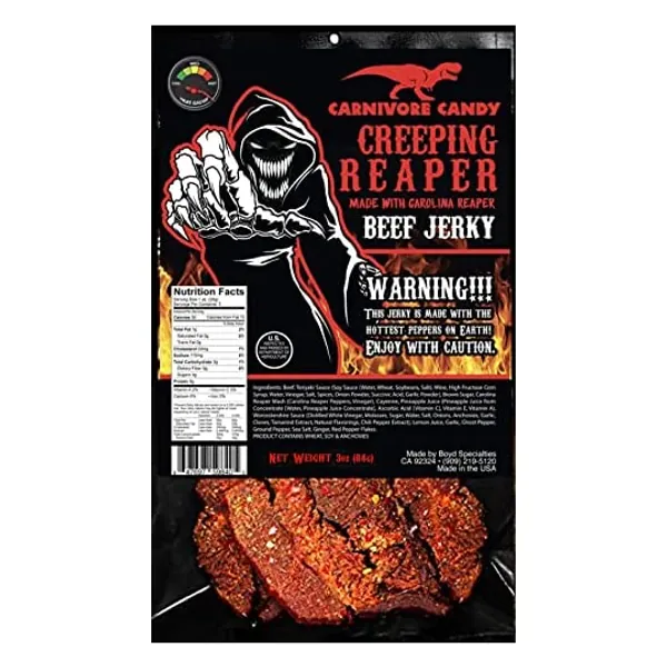 
                            JURASSIC JERKY’S “CREEPING REAPER” Carolina Reaper Beef Jerky (1)-3oz Bag The Reaper is the HOTTEST Pepper in the world! Sweet with Heat~
                        