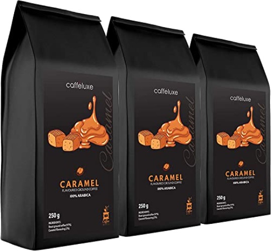 Caffeluxe Flavoured Ground Coffee - Natural Caramel 3 Pack (250g Per Bag) - Caramel 3 Pack - 250 g (Pack of 3)