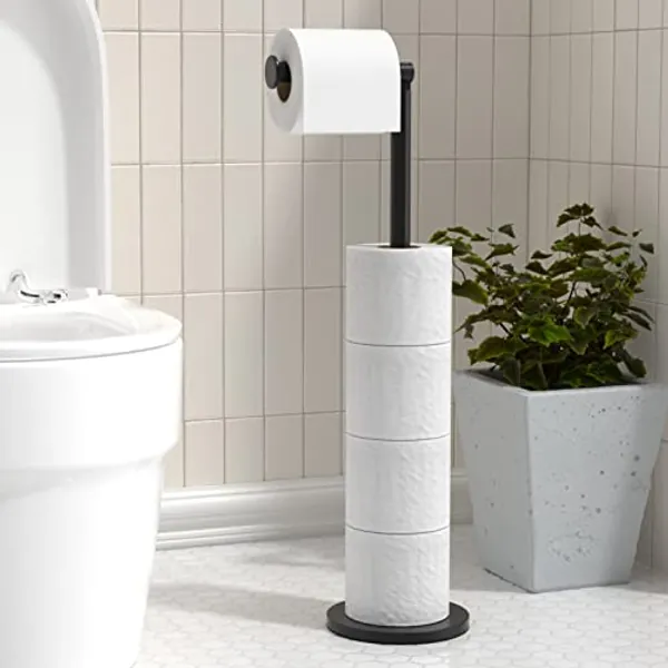 Free-standing Toilet Roll Holder Folding Paper Roll Holder Stainless Steel Bathroom Roll Holder Stand, Anti Rust Pedestal Free Standing Toilet Roll Storage Dispenser Holds 5 Paper Roll - Matte Black