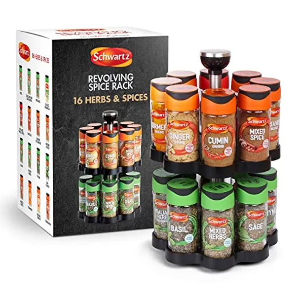 Schwartz Rotating Spice Rack, Space Saving, Includes 16 Herbs and Spices Jars for your Favourite Dishes, 373 G , 18cm (W) x 26cm (H), Engraved Schwartz Logo on Handle - Engraved