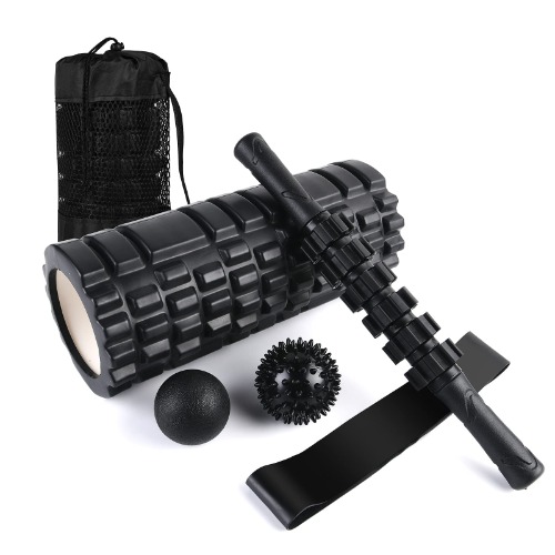 6 in1 Foam Roller Set, Trigger Point Foam Roller, Yoga Stick, Massage Ball, Fixation Ball, Fitness Stretching Strap, Carrying Bag, Towel, Massage Roller for Deep Muscle Massage Pilates Yoga - Black