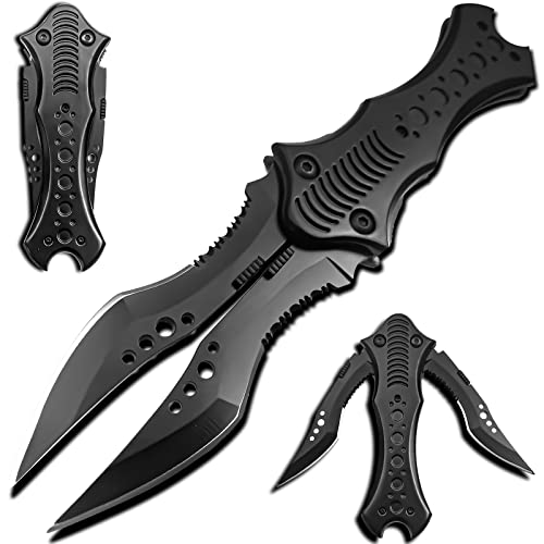 MADSABRE Dual Blade Tactical Knife Twin Edge Folding Knife - 8.5" Survival Camping Collection Pocket Knives with Clip, Unique Gifts for Men (Black) - Dark Black