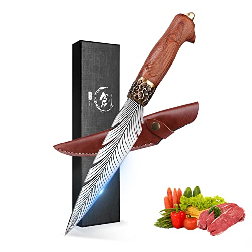 ROCOCO Feather Viking Knife Japanese Forged in Fire Boning Knife Fancy Kitchen Cleaver with Sheath Outdoor Camping BBQ Collection Birthday Thanksgiving Christmas Father Day Gift 7" - 7 Inches