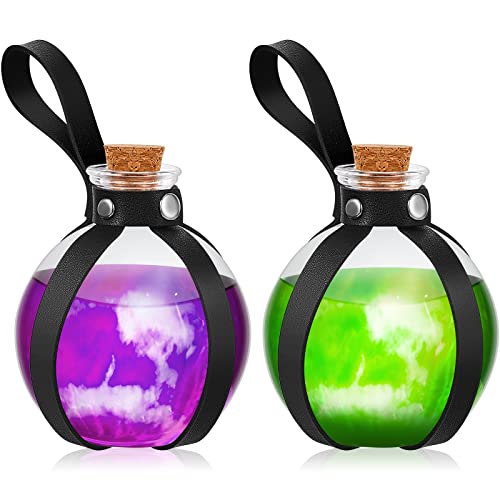 2 Pcs Cork Potion Bottle Cosplay Accessories With Faux Leather Belt Decorative Potion Bottles Witch Props Witch Costume for Adult Man Round Spherical Potion Bottle for Party DIY Crafts(Black） - Black