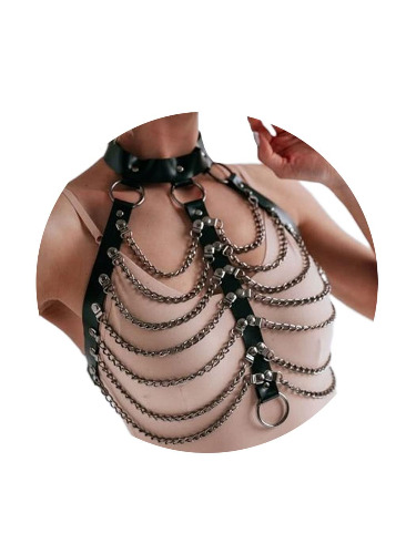 DRESBE Punk Layered Body Chain Black Leather Bra Caged Harness Choker Bra Chains Gothic - free size Black