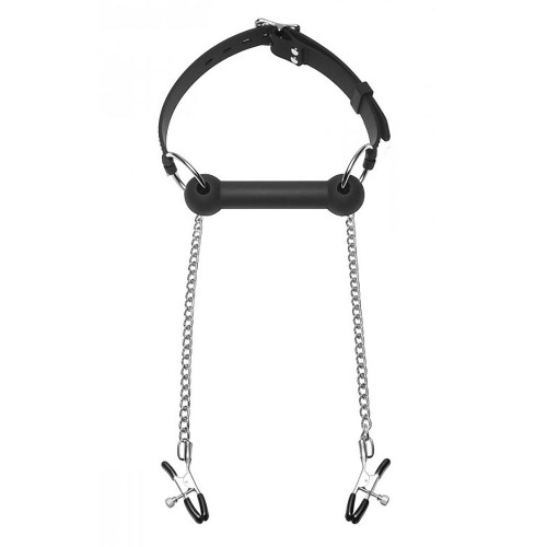 Masters Equine Bit Gag Silicon With Nipple Clamps - Black