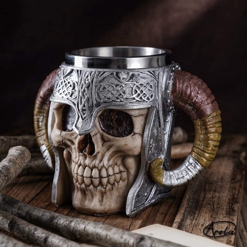 Stainless Steel Double Handle Horn Skull Beer Cup, Viking Warrior Skull Mug Tankard, Medieval Skull Drinkware Mug for Coffee/Beverage/Juice 17oz. - Design-1
