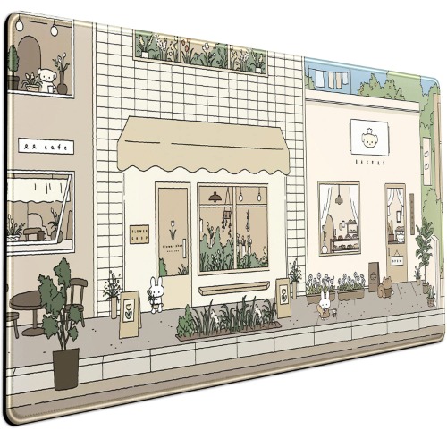 Cute Desk Mat Kawaii Mousepad Bunny and Bear Cute Anime Japanese Street Pastel Beige Brown and Green Mouse Pad, Extra Large Deskmat Cut Laptop Mouse Pads Decor with Stitched Eges Non-Slip Base - A Brown yellow