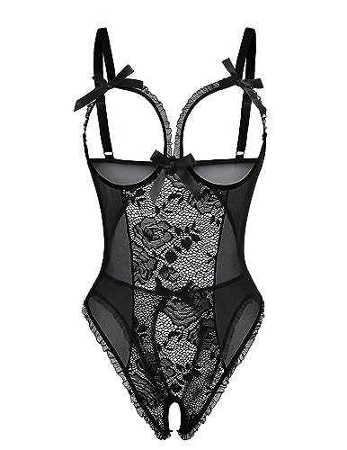 Avidlove Women One Piece Lingerie Sexy Lace Babydoll Mini Bodysuit - Large - Black#