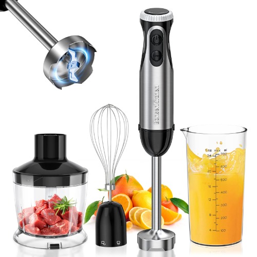Bonsenkitchen Stavmixer, 4-en-1 elektrisk handmixer, 1 000 W, steglösa hastigheter, puréstav i rostfritt stål, visp, 500 ml hackare och 700 ml mätkopp för barnmat, HB3203 (svart)