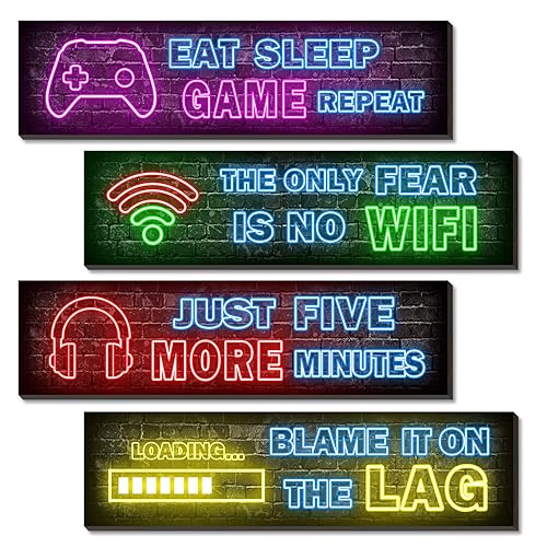 4 Pcs Printed Neon Gaming Posters, Teen Boys Room Decorations, gamer wall art Decor for bedroom Wooden - wifi02