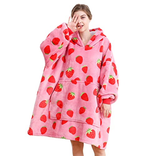Dietersler Wearable Blanket is Oversized Fluffy and Comfortable Plush Blanket，Warm Sherpa Sweatshirt，One Size for All - Strawberry