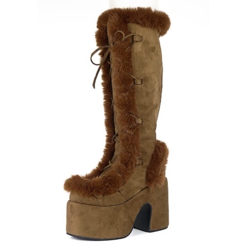  Knee High Boots For Womens Side Zipper Warm Faux Fur Platform Chunky Heel Punk Goth Walking Winter Snow Boots -