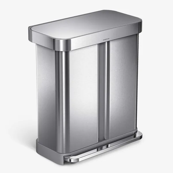 simplehuman 58 Liter / 15.3 Gallon Rectangular Hands-Free Dual Compartment Recycling Kitchen Step Trash Can with Soft-Close Lid, Brushed Stainless Steel - Brushed Stainless Steel 58 Liter Rectangular Recycler Trash Can