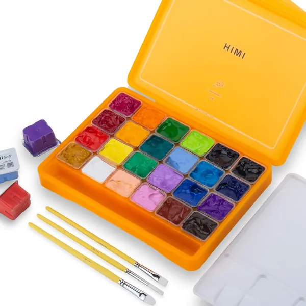 HIMI Gouache Paint Set, 24 Colors x 30ml/1oz with 3 Brushes & a Palette, Unique Jelly Cup Design, Non-Toxic, Guache Paint for Canvas Watercolor Paper - Perfect for Beginners, Students, Artists(Orange)