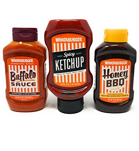WHATABURGER Sauce Bundle ( 20 oz Spicy Ketchup Bottle , 16.5 Oz Buffalo Sauce, 19 oz Honey BBQ) Signature Whataburger Sauces