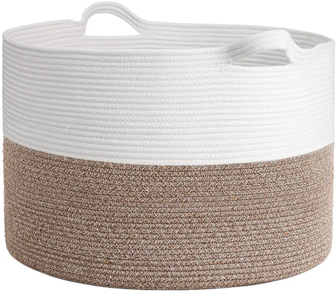 INDRESSME XXXLarge Cotton Rope Basket 21.7" x 21.7" x 13.8" Woven Baby Laundry Blanket Basket Toy Basket with Handle Storage Comforter Cushions Thread Laundry Hamper - White & Brown