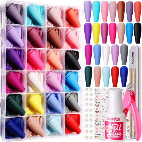 Teenitor Long Press On Nails Coffin Fake Nails Long Ballerina False Nails, 576pcs Long Coffin Press On Nails Full Cover Color Coffin Nail Tips, 24 Colors Glue On Nails Long Coffin Matte Press On Nails, 24 Pack Press On Coffin Nails With Glue, Acrylic Nail Clipper, Nail Art Stickers for DIY Fake Nails - 24 Colors Matte Nails